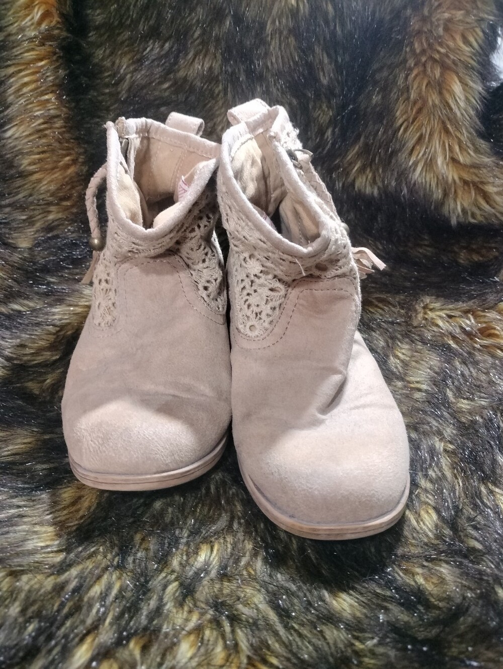 Roxy Taupe Suede Ankle Boots with Crochet Cuff